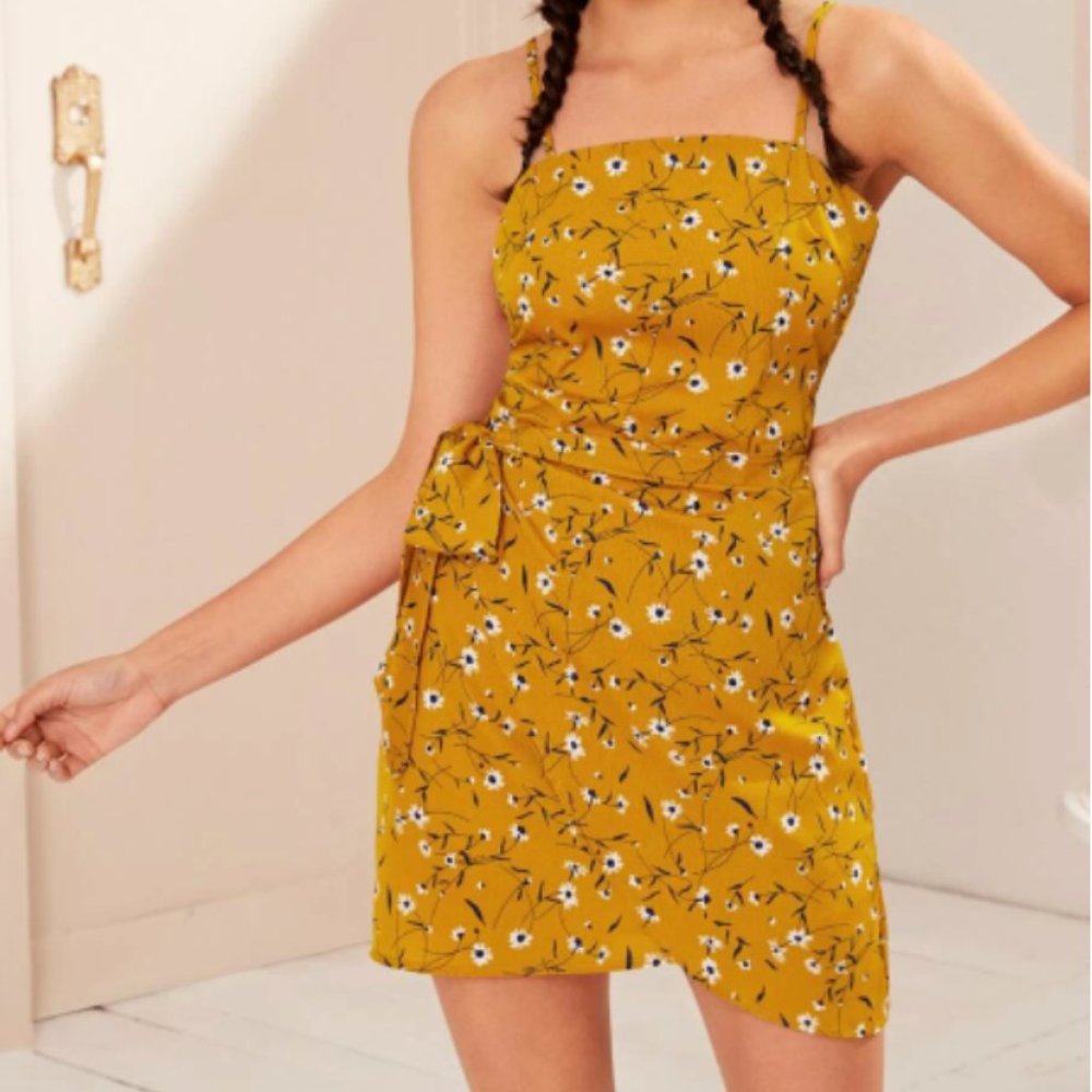 Yellow Open Back Wrap Hem Cami Dress